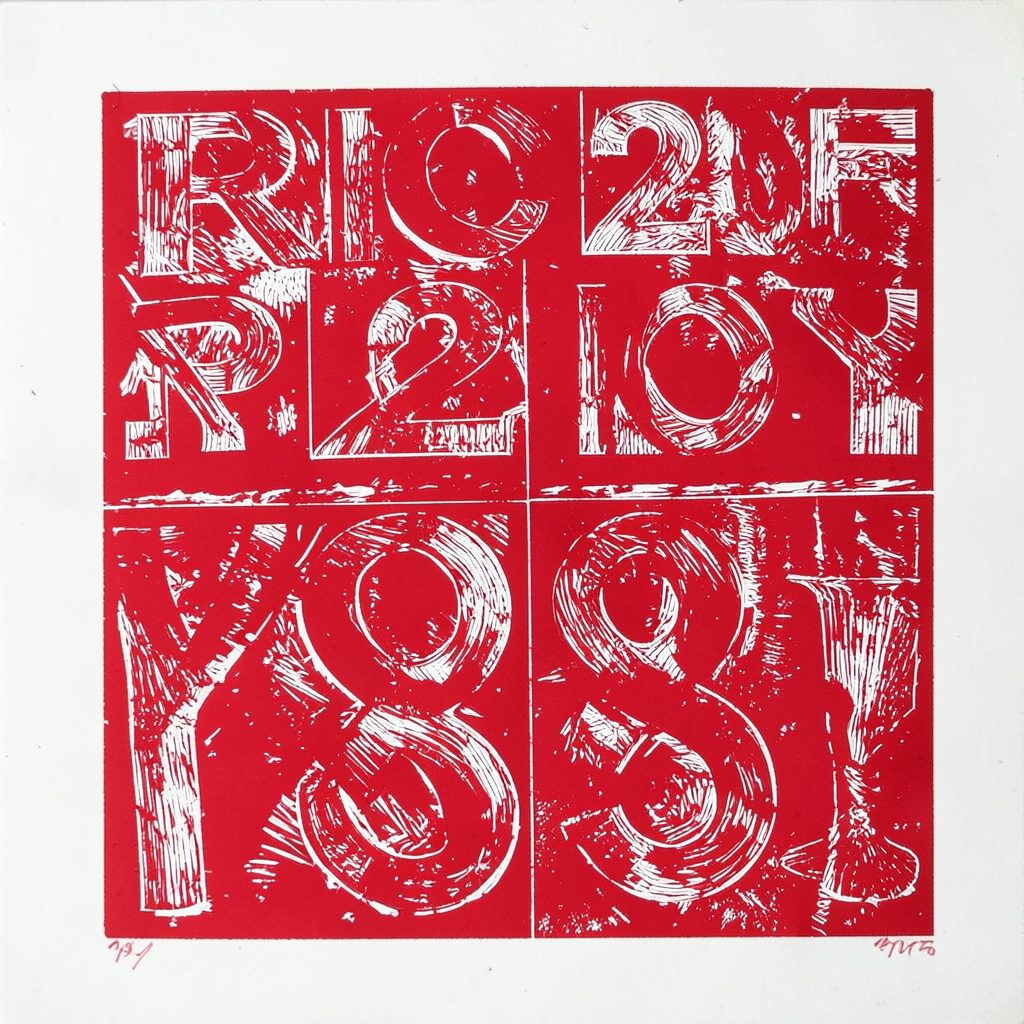 Ilustración tipo linograbado con números y símbolos del año 2018 en tonos oscuros y dorados, estilo tallado tradicional