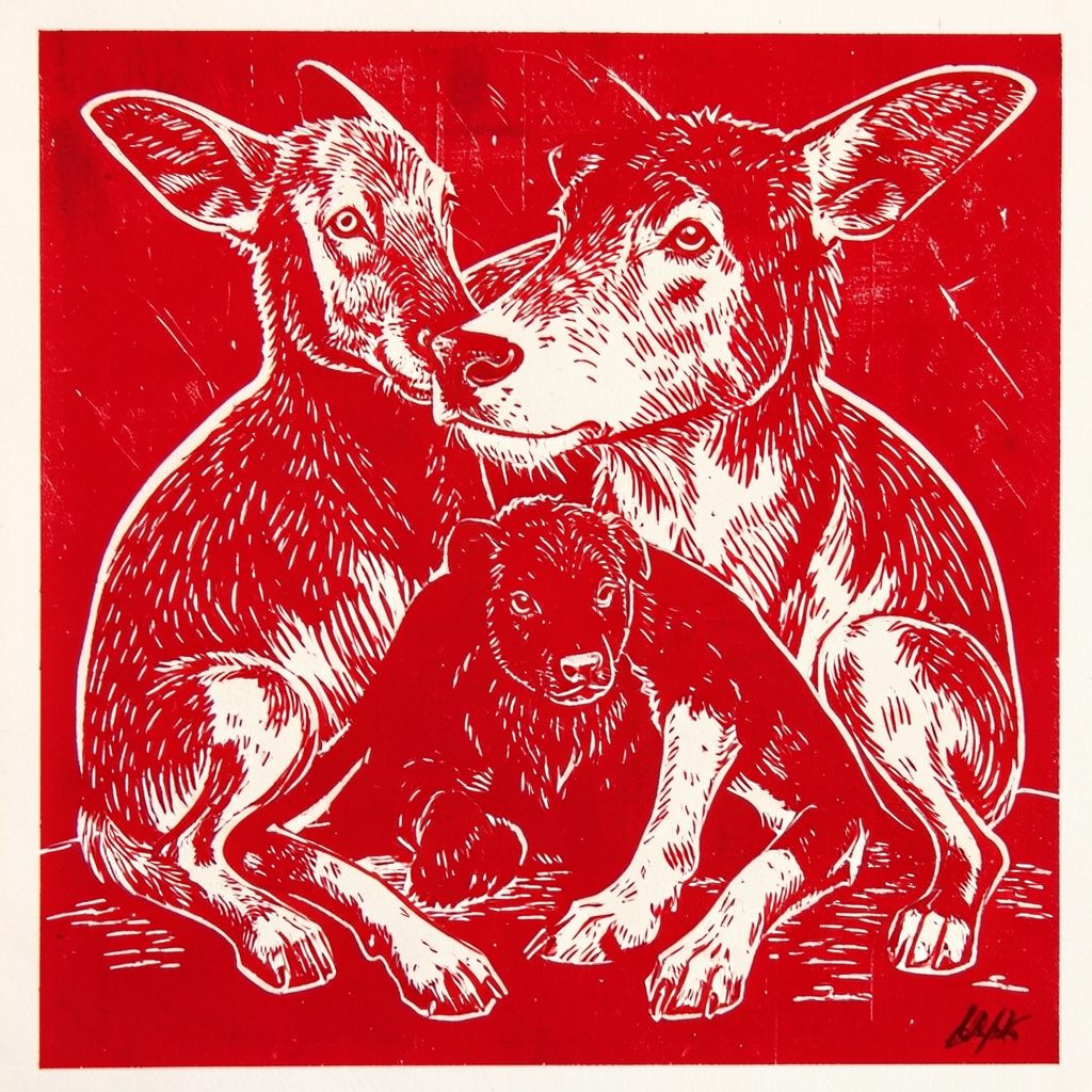 Grabado en linóleo de animales del zodiaco chino dispuestos en círculo, con líneas talladas y colores tierra