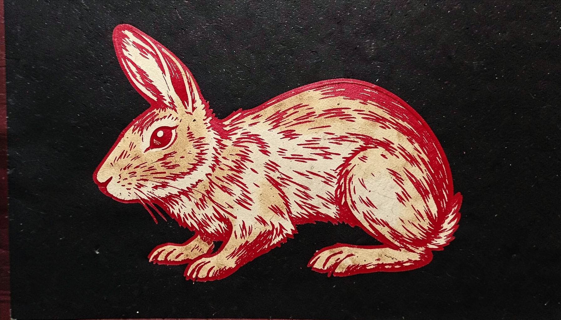 Grabado en linóleo de un conejo estilizado en tonos tierra y crema, con líneas talladas que evocan movimiento suave sobre un fondo oscuro