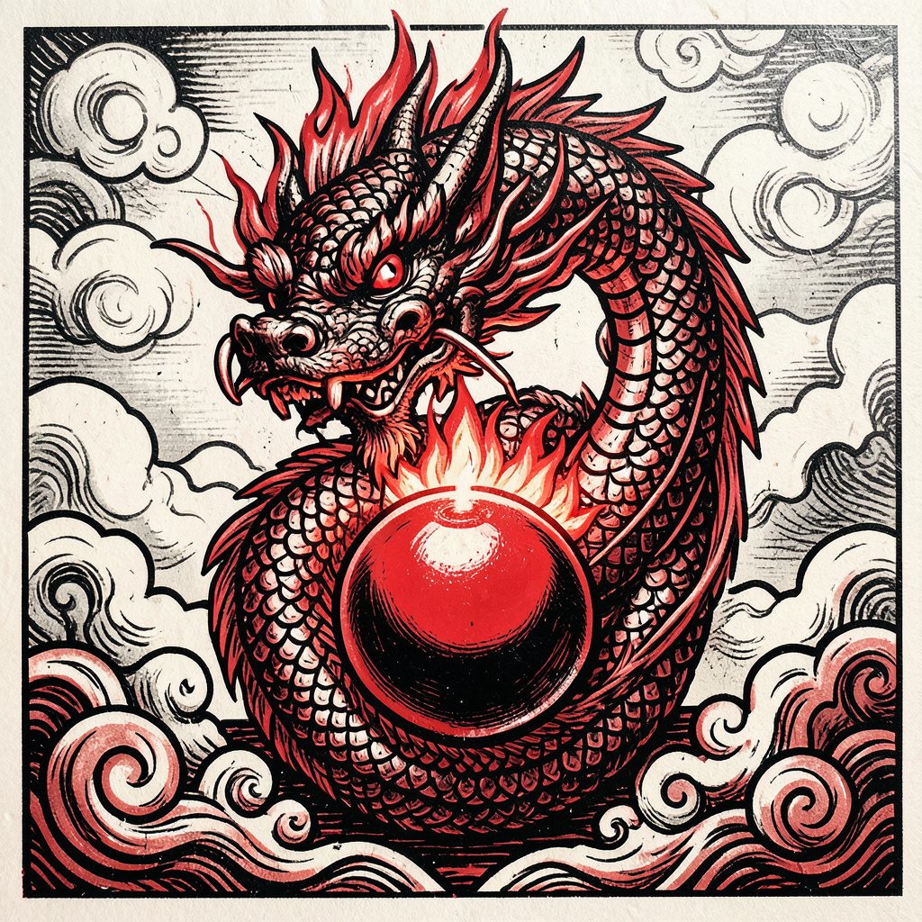 Grabado en linóleo de un dragón chino enroscado alrededor de una perla llameante, líneas de talla expresivas en negro y bermellón, fondo de nubes onduladas en gris pálido.