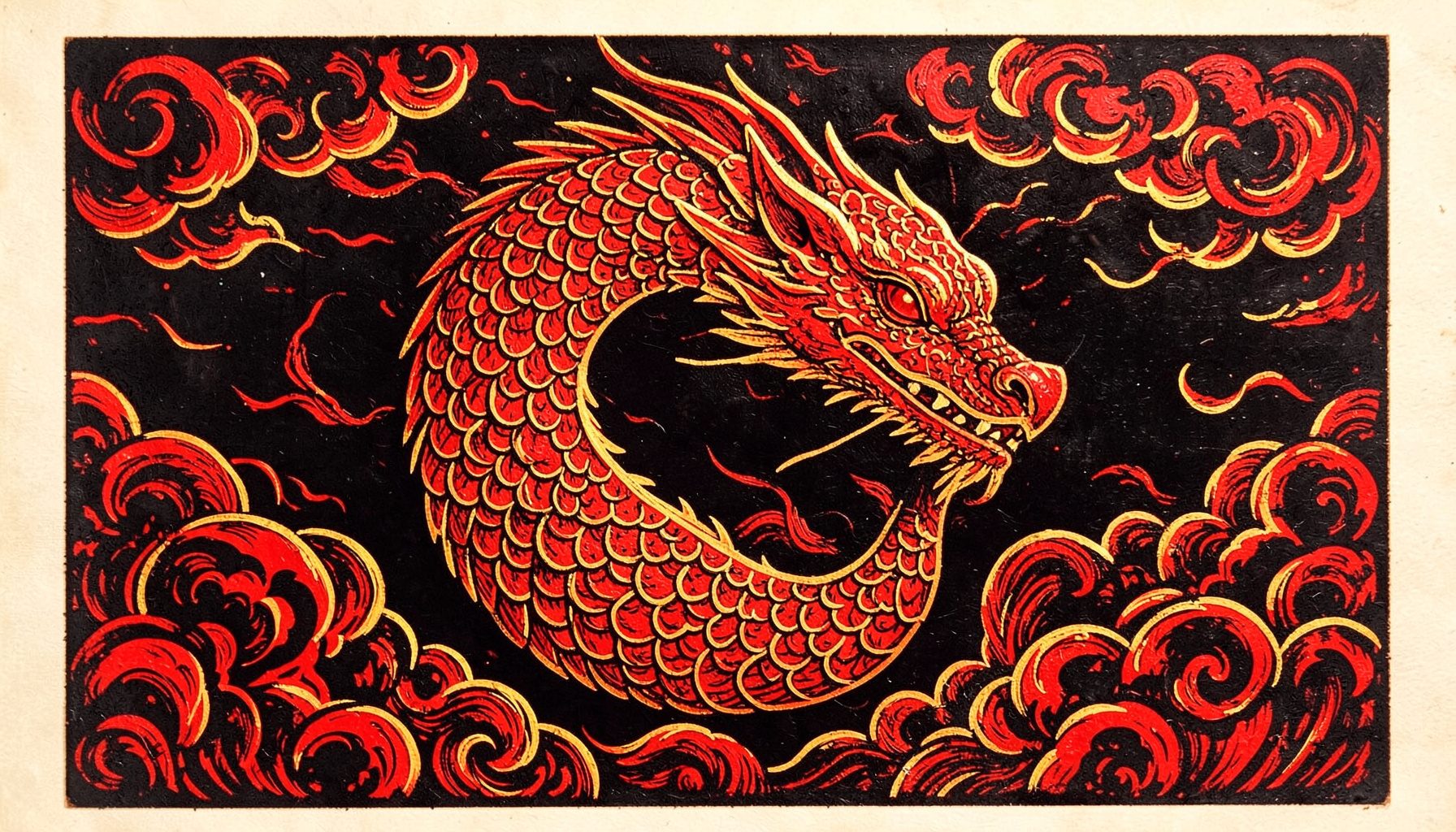Grabado en linóleo de un dragón chino serpenteante entre nubes estilizadas, con escamas talladas en líneas curvas, tonos rojo intenso y dorado sobre fondo oscuro, atmósfera mística y poderosa.