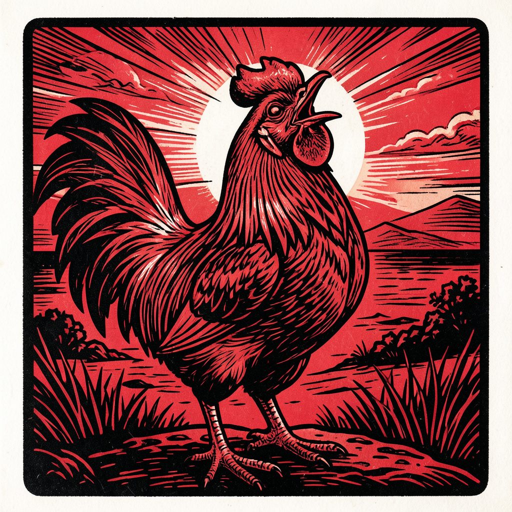 Grabado en linóleo de un gallo cantando al amanecer, líneas expresivas en rojo y negro, estilo xilográfico