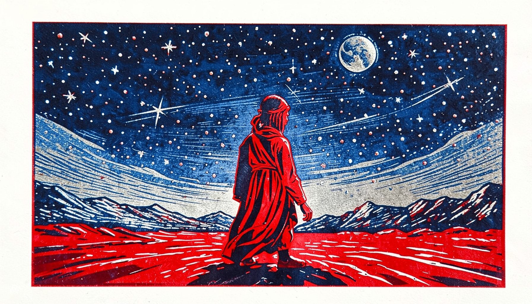 Grabado en linóleo de una figura solitaria bajo un cielo estrellado en tonos azul noche y plateado, transmitiendo introspección