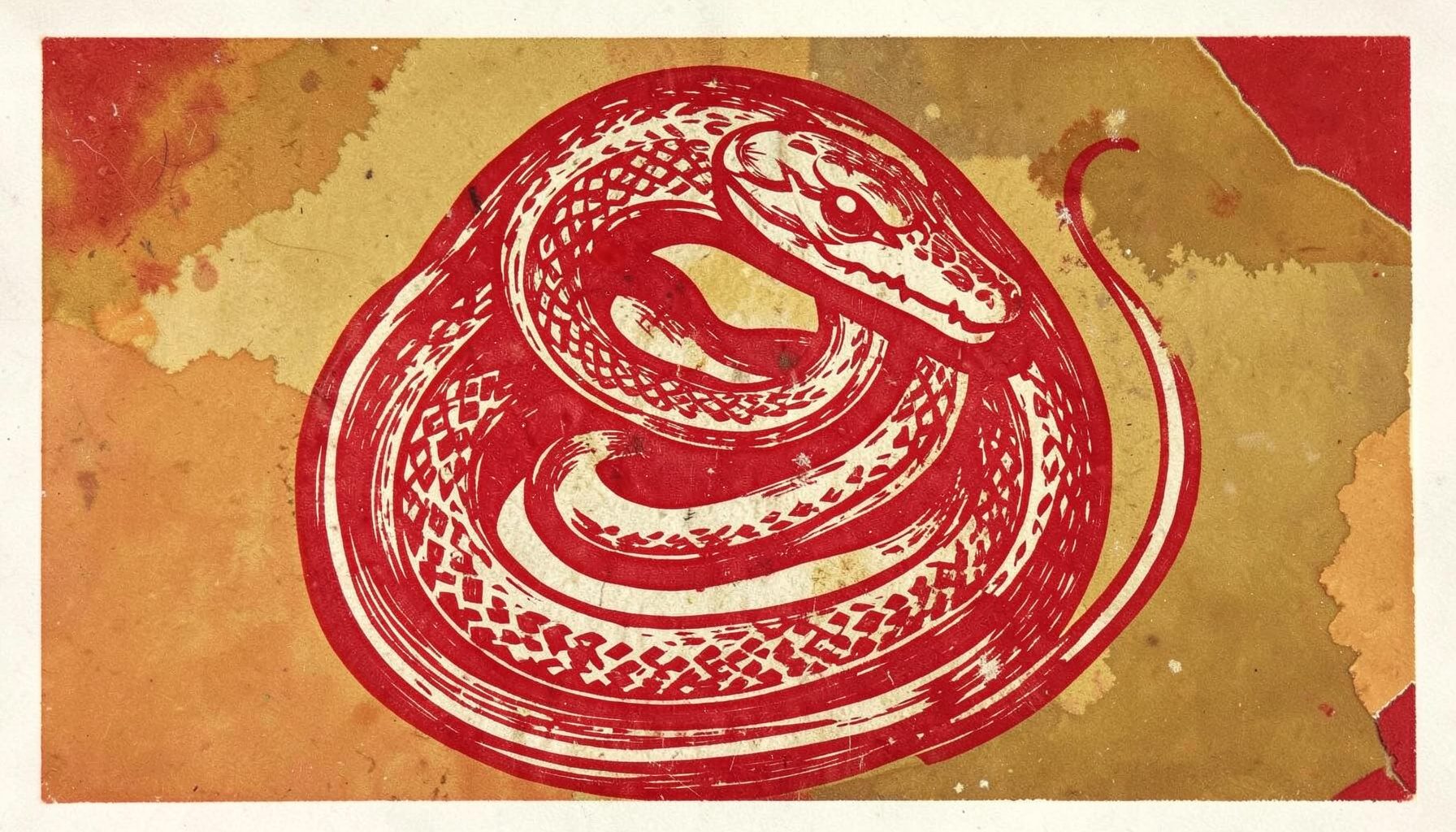 Grabado en linóleo de una serpiente enrollada sobre un fondo de tonos tierra y ocres, con líneas curvas que sugieren calma y concentración