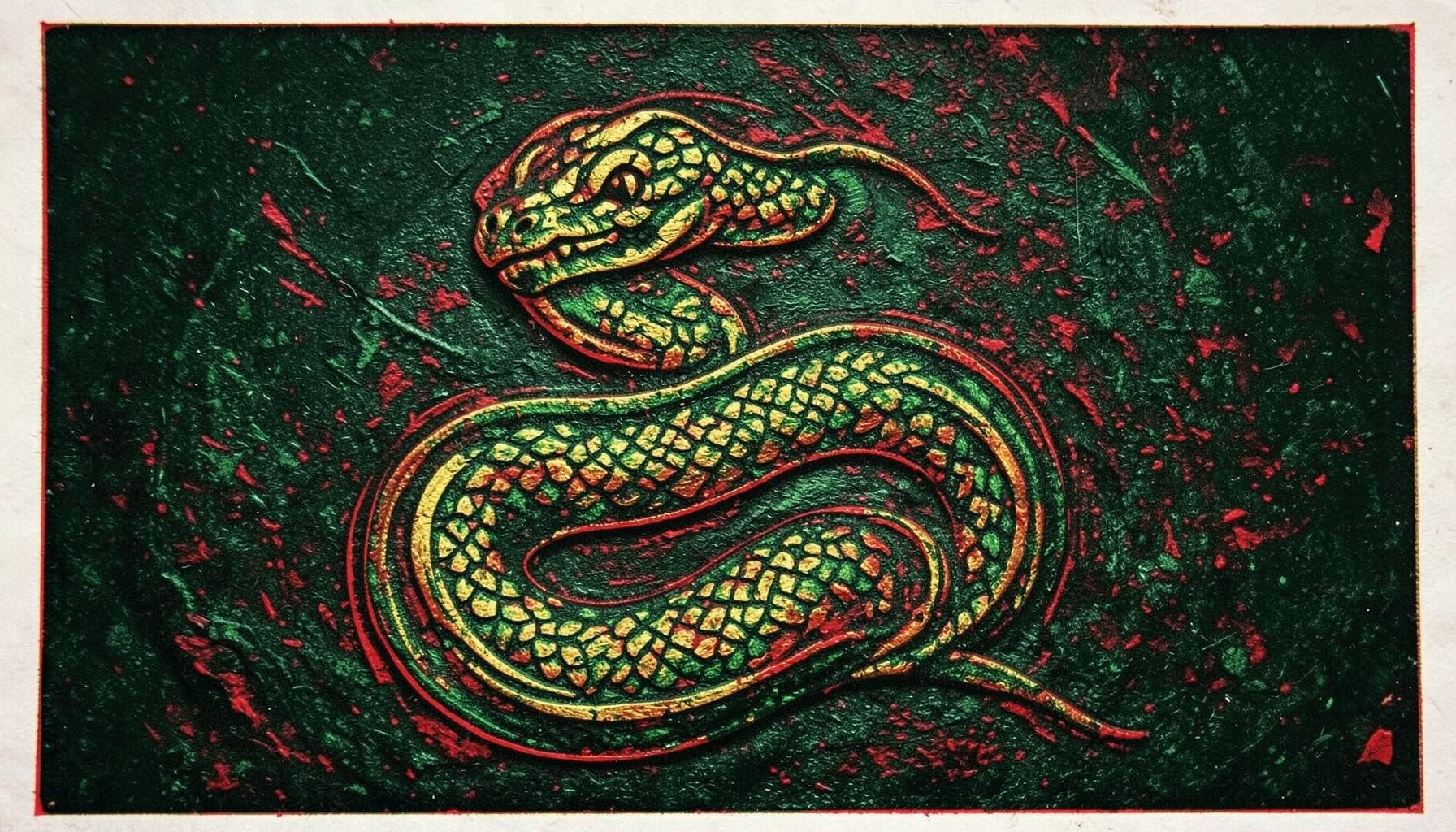 Grabado en linóleo de una serpiente sinuosa en tonos verdes profundos y dorados, con un fondo oscuro de textura rugosa que evoca misterio y sabiduría ancestral