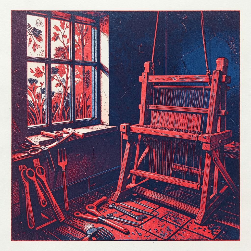 Linograbado de herramientas artesanales y un telar junto a una ventana, con tintas tierra y azul profundo, composición ordenada que sugiere trabajo creativo y dedicación