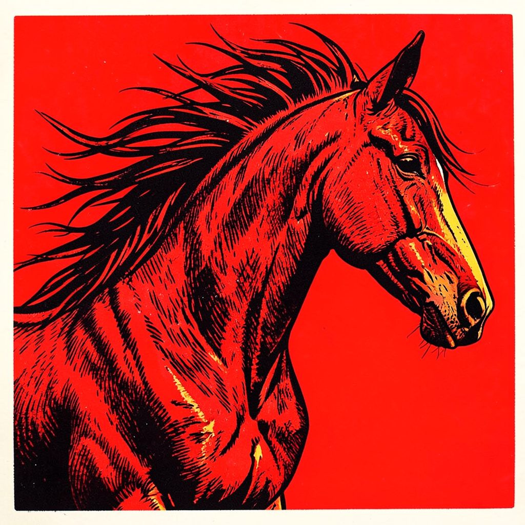 Linograbado de un caballo de perfil con crin al viento, líneas marcadas en negro y tonos cálidos, estilo expresivo