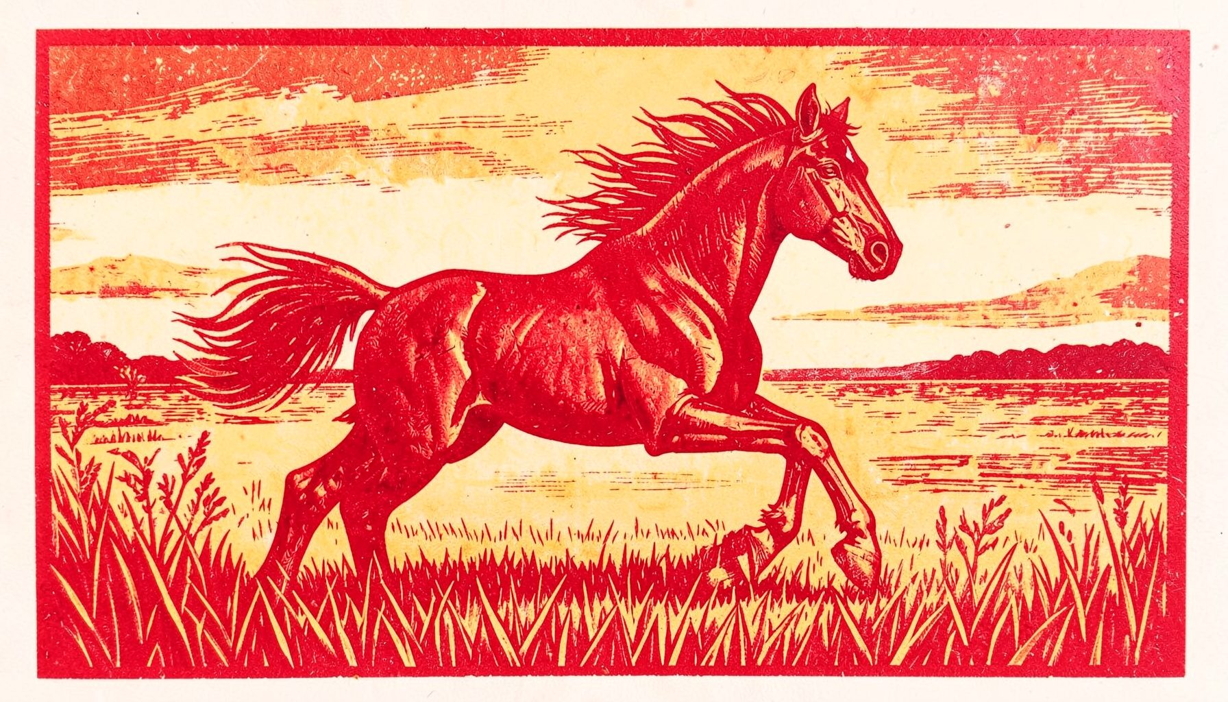 Linograbado de un caballo galopando en campo abierto, tonos tierra y ocres, atmósfera serena y enérgica