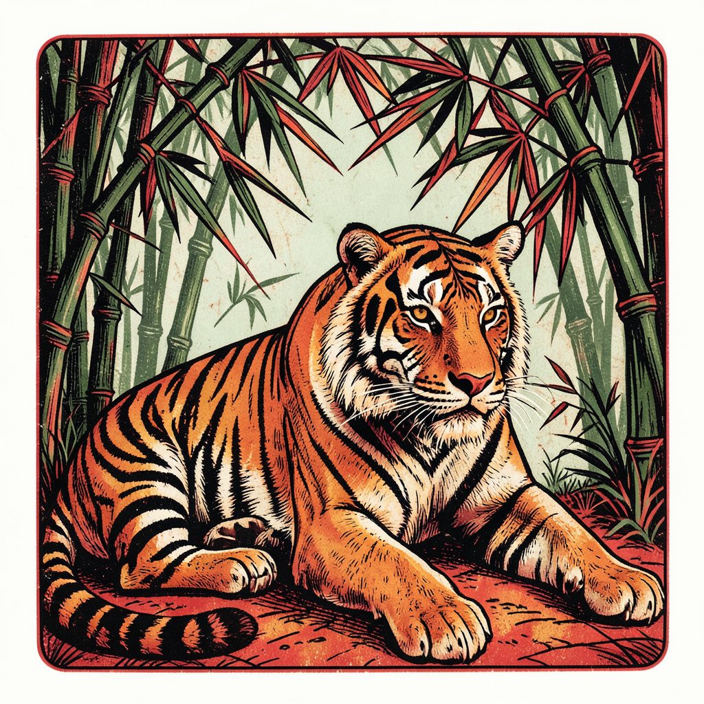 Linograbado de un tigre en reposo bajo ramas de bambú, líneas talladas con trazo firme, paleta de verdes apagados, naranjas terrosos y negros intensos