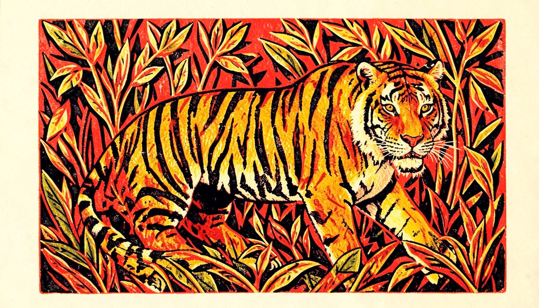 Linograbado de un tigre estilizado con franjas marcadas, postura dinámica entre follaje denso, tonos ocres, naranjas quemados y negros profundos sobre fondo crema