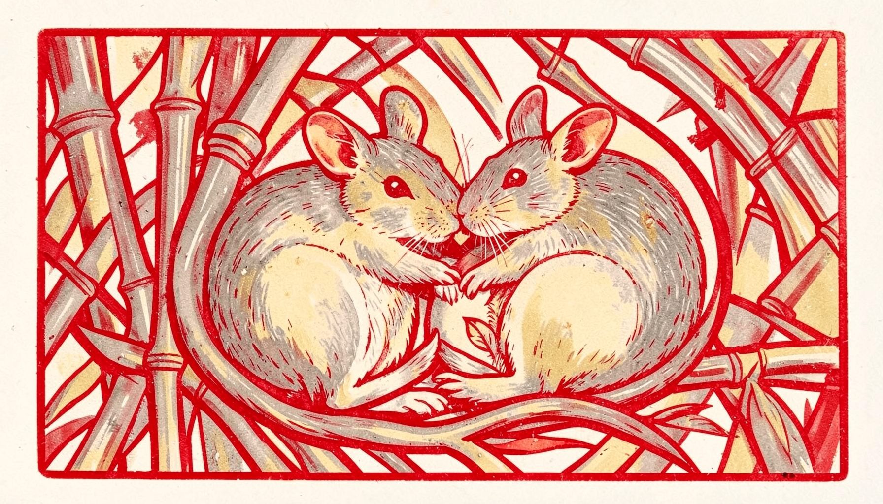 Linograbado en tonos grises y ocres suaves de dos ratas entrelazadas entre ramas de bambú, con líneas curvas que sugieren armonía y cercanía emocional.