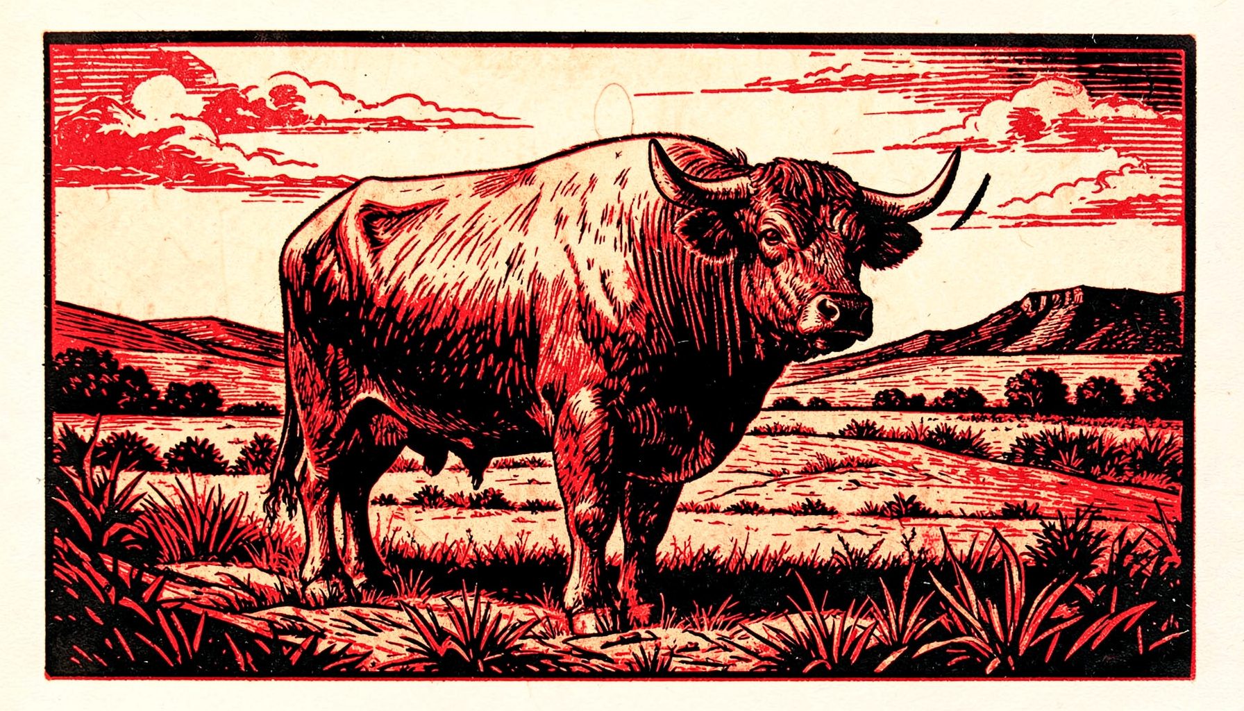 Grabado en linóleo de un buey robusto en un paisaje rural, tonos tierra y negro, líneas marcadas