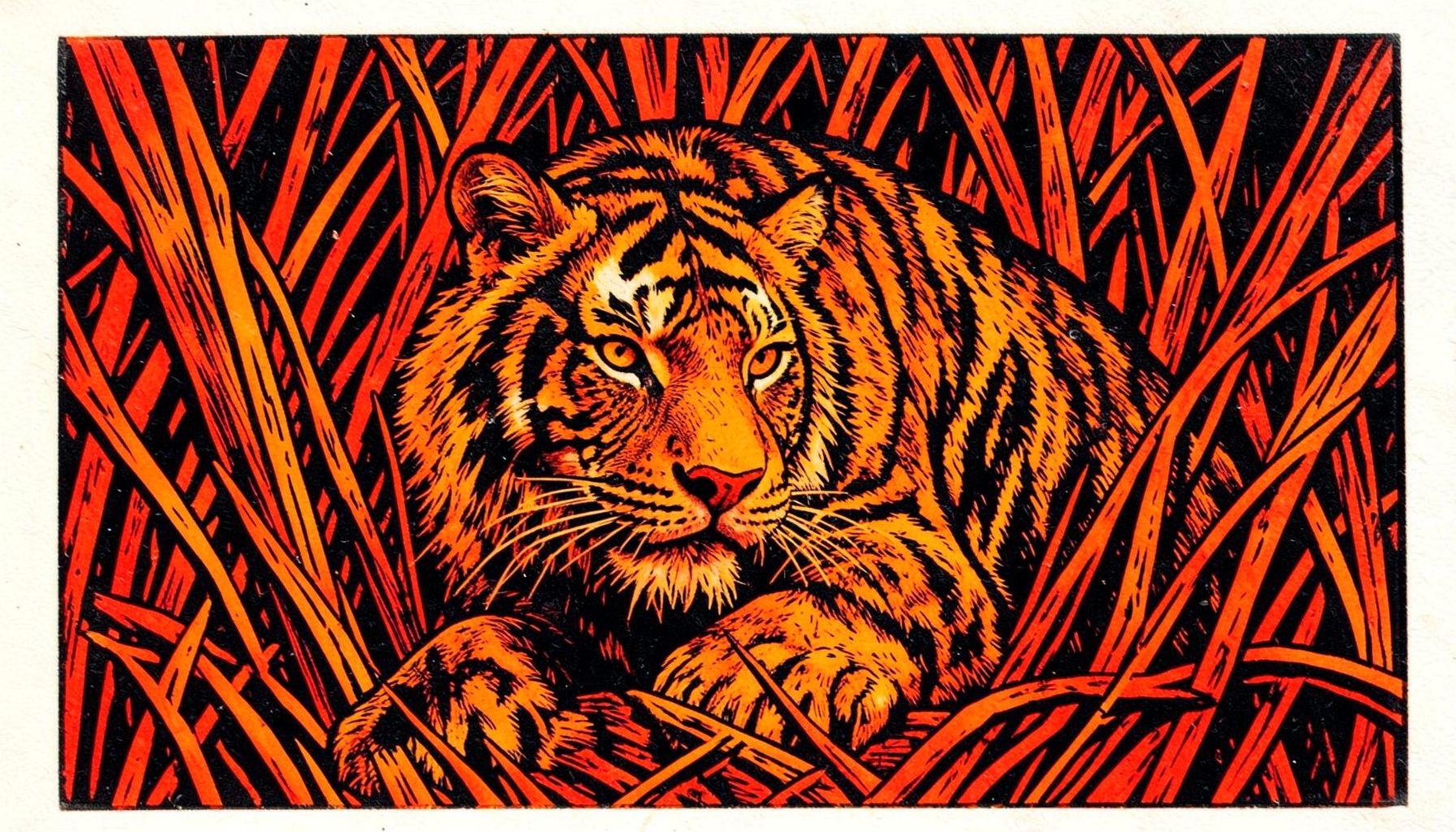 Grabado en linóleo de un tigre agazapado entre cañas, tonos naranja quemado y negro, mirada intensa