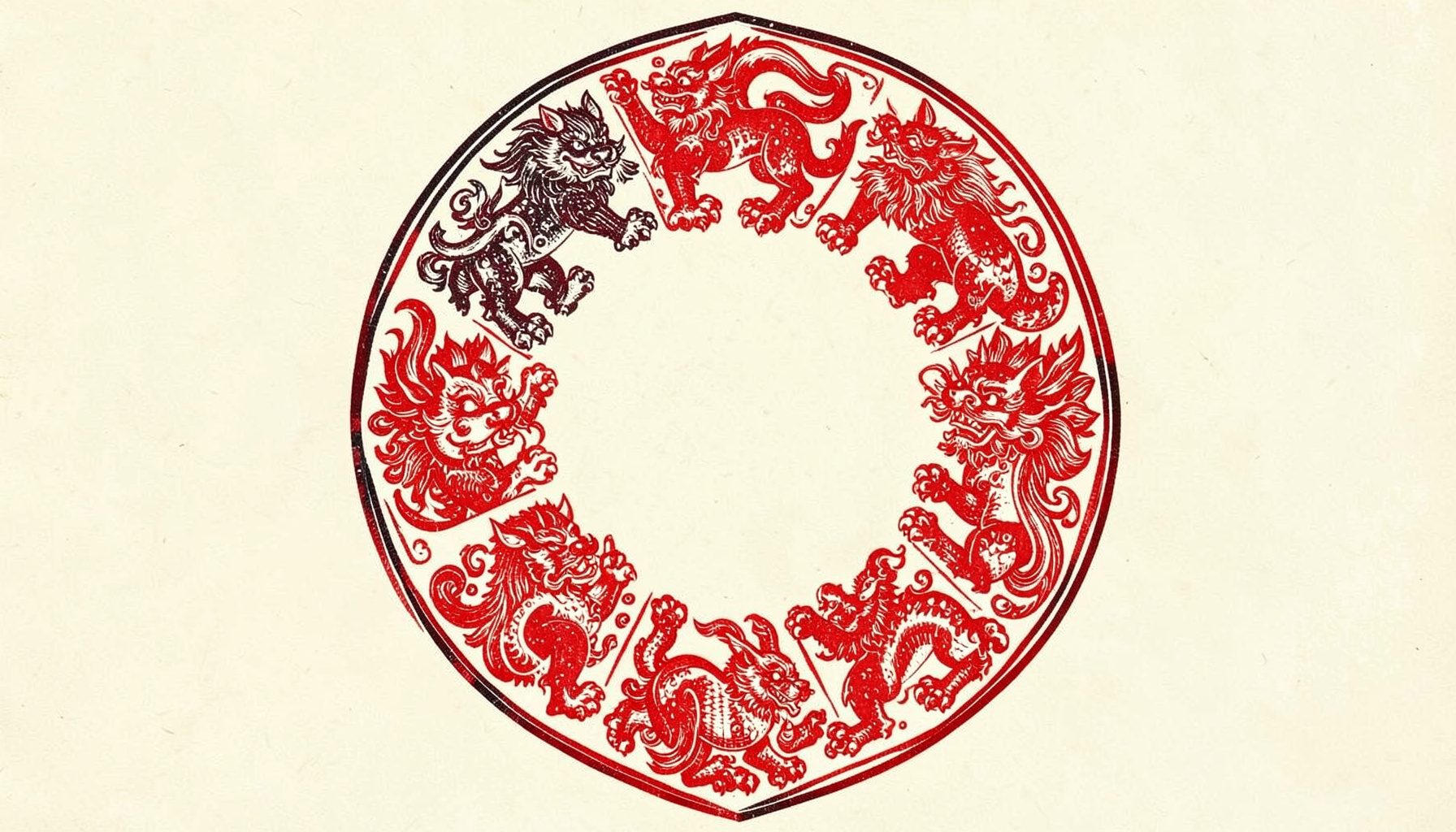 Grabado en linóleo de los doce animales del zodiaco chino en círculo, tinta roja y negra sobre fondo crema