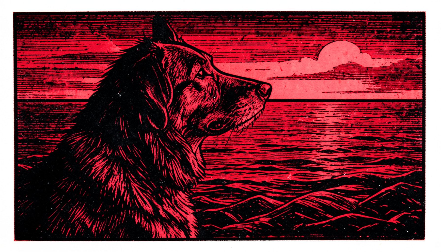 Grabado en linóleo de un perro de perfil mirando al horizonte, tonos rojos profundos y negros, atmósfera serena y cultural