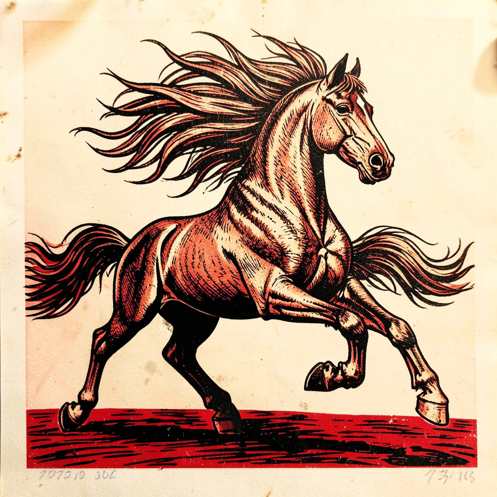 Grabado en linóleo de un caballo galopando, crines al viento, tonos sepia y negro, energía contenida