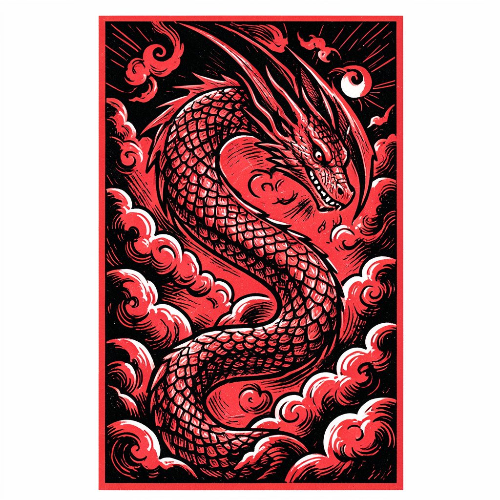 Grabado en linóleo de un dragón serpenteante entre nubes, tinta roja y negra, composición vertical dinámica